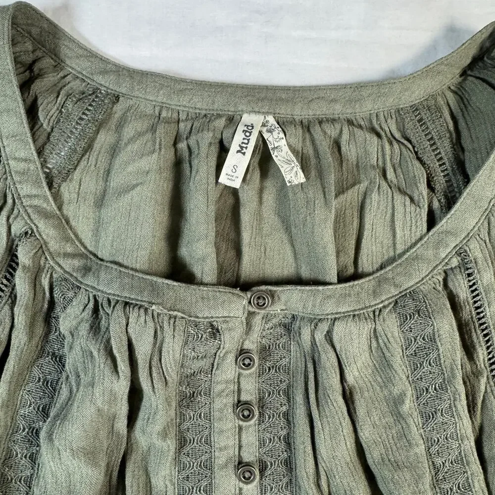 Mudd Small Olive Flowy Rayon Blouse Crochet Detail 3/4 Peasant Sleeve Boho Top - Picture 3 of 6
